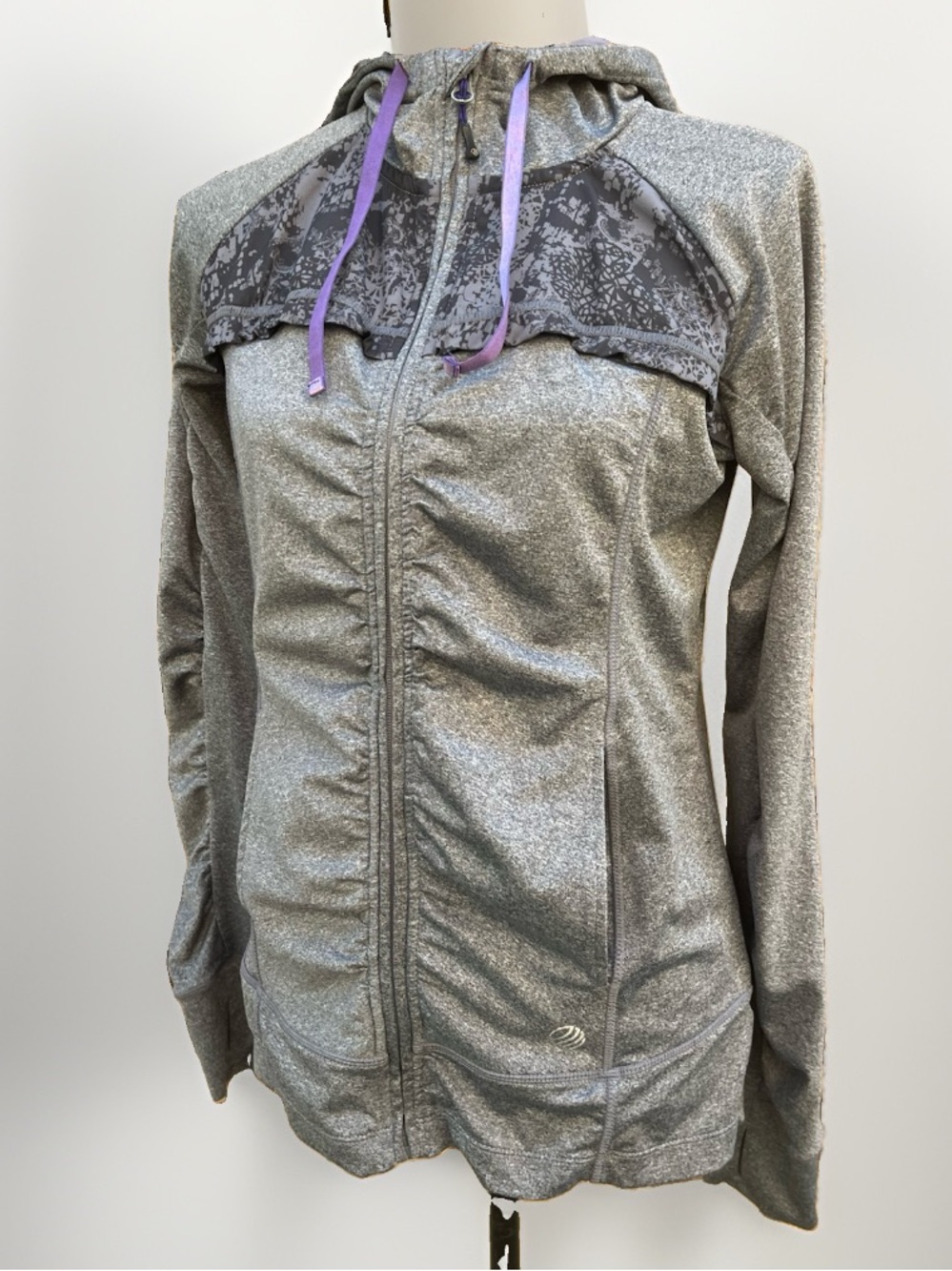 MPG Zip Front Active Jacket Hooded Ruched Gray and Black Size Medium
